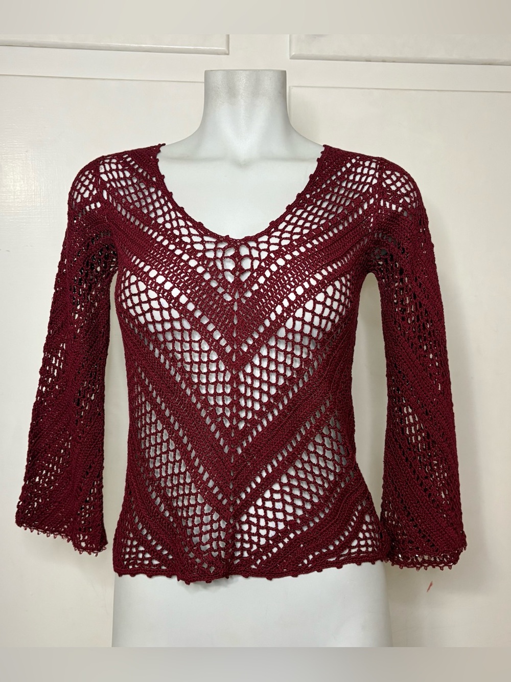 Vintage Y2K The Limited Burgundy Open Crochet V Neck Beaded Trim Top